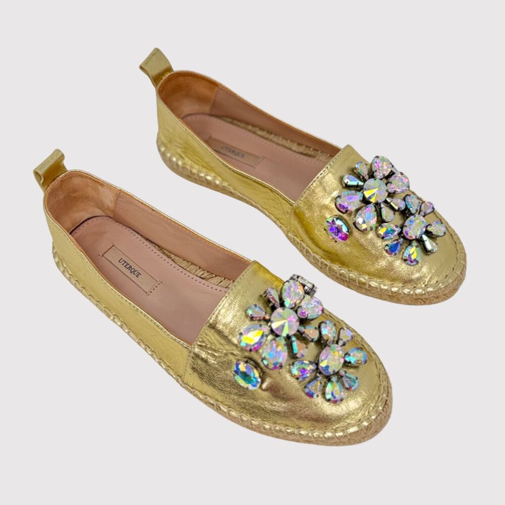Uterque Womens Sandals Gold Metallic Rhinestone Slip On Espadrilles 37 US 6.5